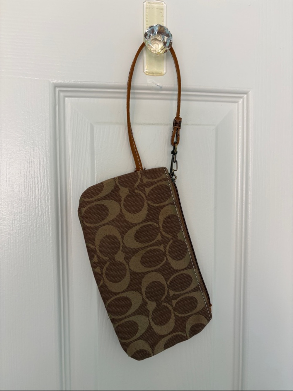 Coach Brown Logo Canvas Wristlet with Tan Strap
